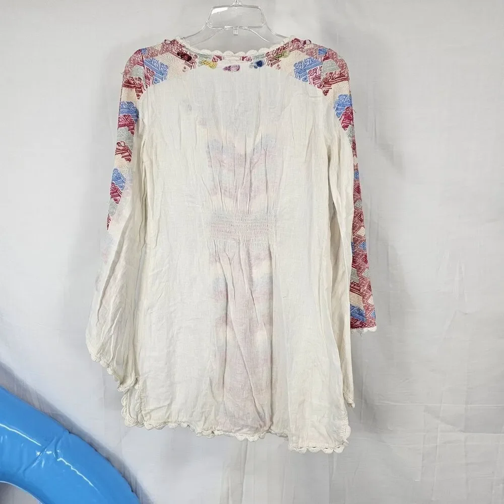 RARE Free People Embroidered Bell Sleeve Boho Mini Dress Misty Meadow $168 Sz 2